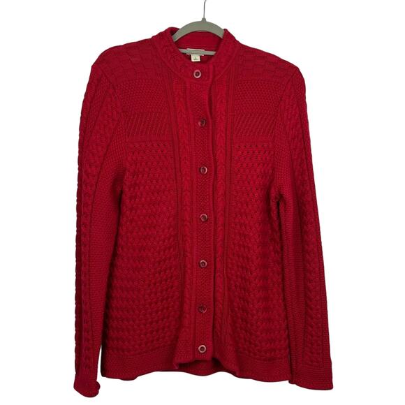 LL Bean Vintage Womens Sweater Size Large Red Stitchworks Fisherman Cardigan - Picture 1 of 9